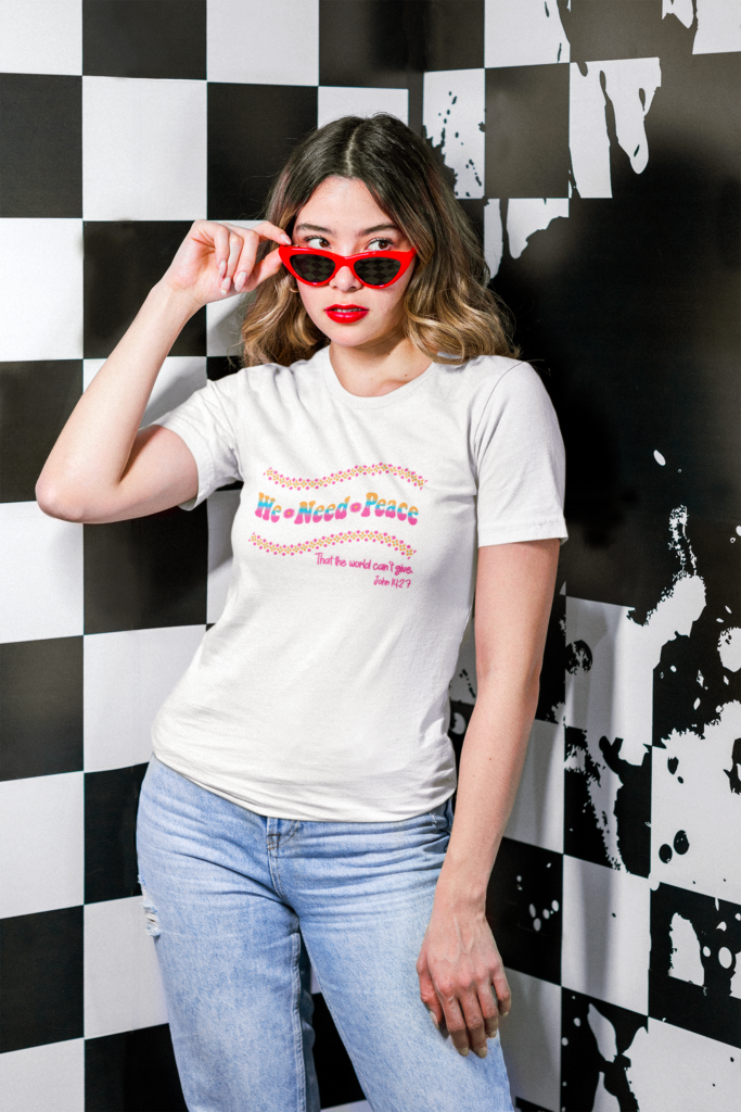 round neck tee mockup of a woman with sunglasses posing by a checkered background m20975